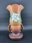 VTG Roseville Pottery Gardenia Handled Vase Matte Brown Floral Art Deco Decor