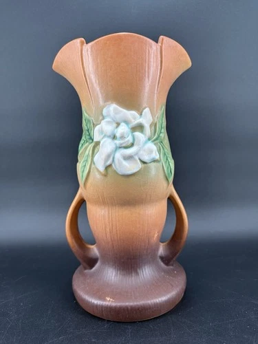 VTG Roseville Pottery Gardenia Handled Vase Matte Brown Floral Art Deco Decor