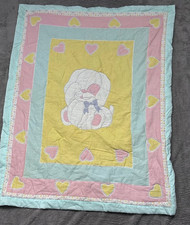 Vintage Baby Blanket   Bunny with Hearts   Pastel Colors   80s/90s Cotton Quilt