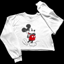 Official Disney Mickey Mouse Cropped Sweatshirt Women  s S White Graphic Raw Hem