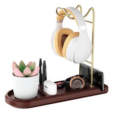 Wooden Headphone Stand for Desk, Headset Holder with Storage Base, Game Contr...