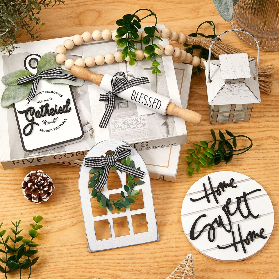 Set of 16 Farmhouse Tiered Tray Decor with 1 Lantern Artificial Plant& Cuttin... - Image 4 of 4