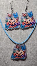 JackOLantern With Butterflies Halloween Necklace  Dangle Earrings Set TB75J