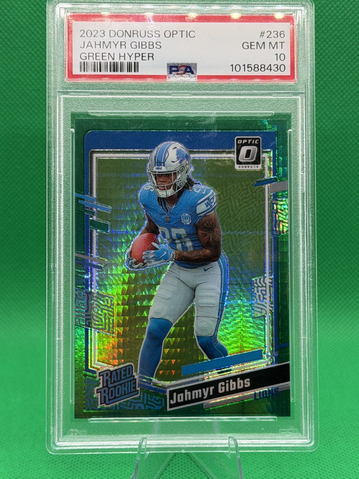 2023 DONRUSS OPTIC JAHMYR GIBBS GREEN HYPER RC #236 PSA 10