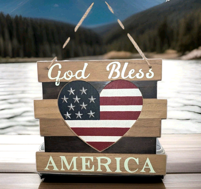 Patriotic God Bless America Hanging Rustic Heart Wood Wall Plaque
