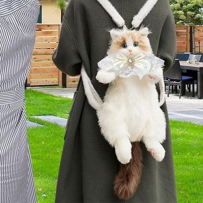 Cat Backpack for Girls | 3D Ragdoll Cat Shape Bag with Soft Fluffy Fur, Blue Eye