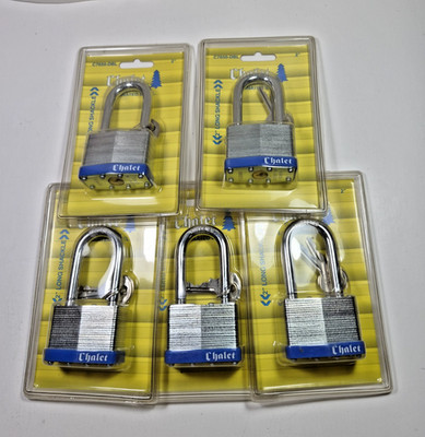 Lot of 5-NEW KEYED Padlocks C7650 Chalet by Chateau Laminated 2''  Long Shackle