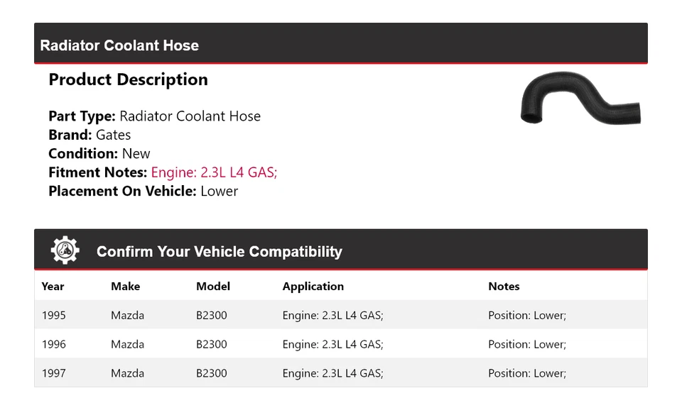 Manguera de refrigerante de radiador de gas 2,3 L L4 1995-1997 Mazda B2300 puertas inferiores 1996 Foto 2 de 4