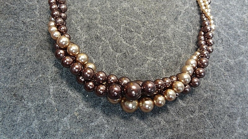  RMN Roman Twisted Multi Strand Champagne Mocha Faux Pearl 18" Necklace 
