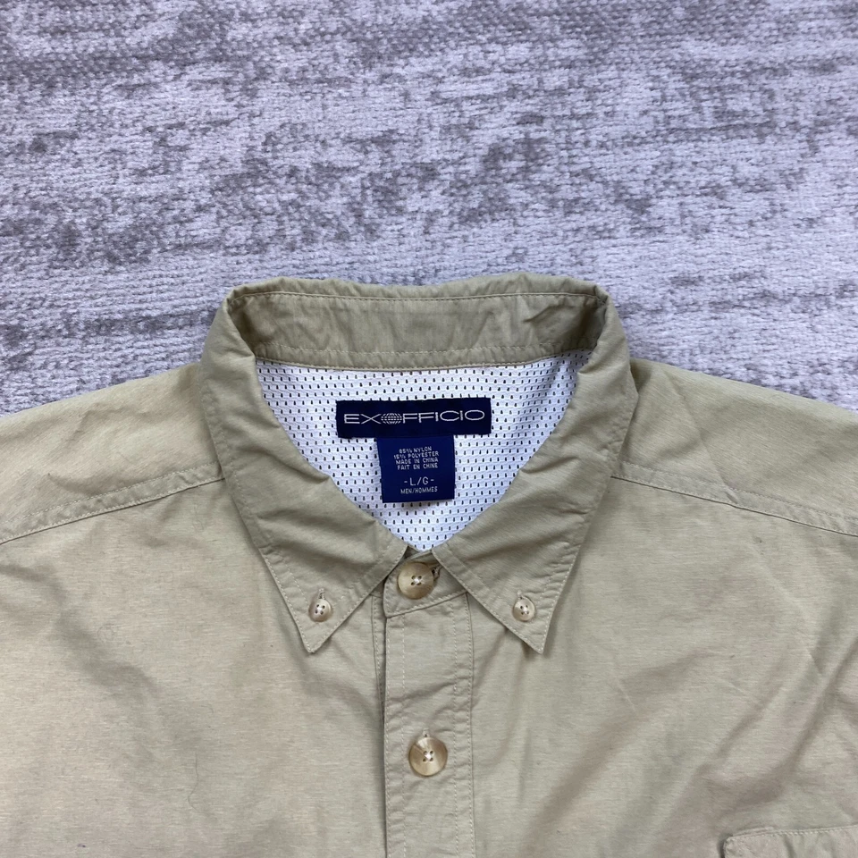 ExOfficio Adventure Shirt Large Beige Tan Fish Performance Preppy Casual Hiker - Image 3 of 4