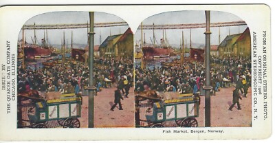 Fish Market, Bergen, Norway, Rare Original 1906 Quaker Oats Stereoview
