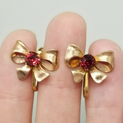 Vintage Van Dell Bow Earrings Rose Gold Filled Red Rhinestone Clip On Screw Back