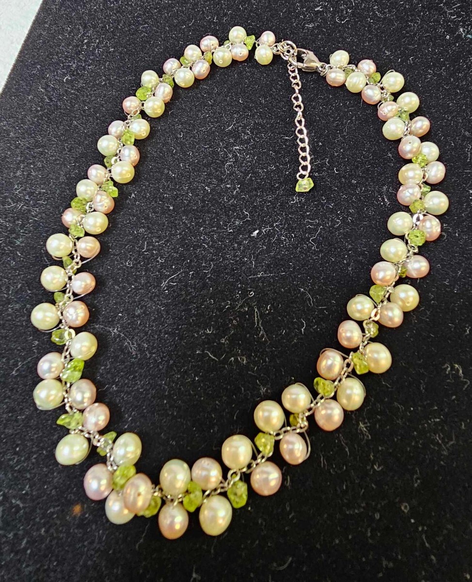Vtg 925 Clasp Faux Pearl peridot chip bead Choker Necklace-13