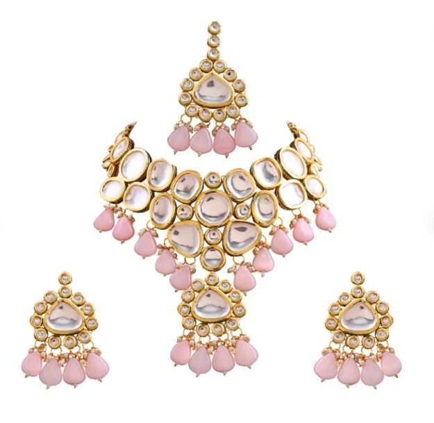 Pink kundan on sale jewellery set