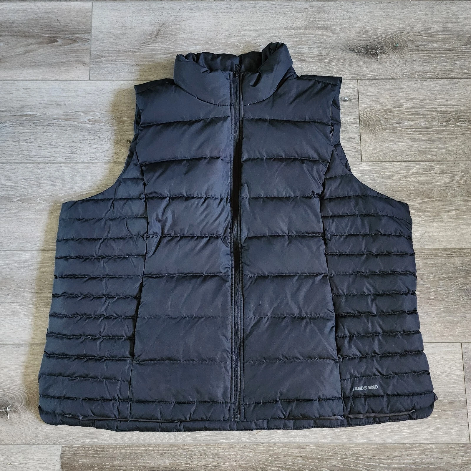 Lands End Puffer Down Vest Sleeveless Mens 2XL 52/54 Black Full Zip Hike Camping