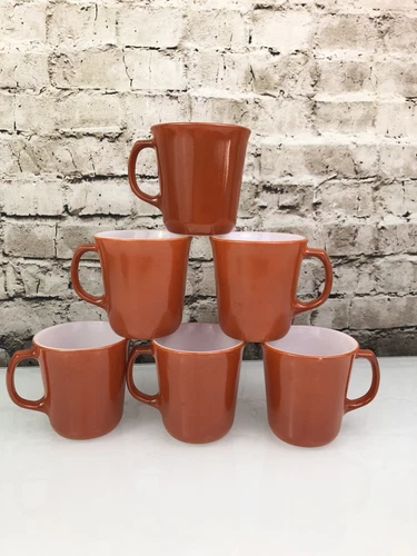 Corning Ware Pyrex Burnt Orange Milk Glass Mugs with D Handle Cafe Set 6 Vintage