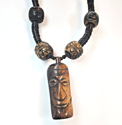 Vintage Tribal Ethnic Wood Carved Face & Seed Pod Beads Boho Beaded Necklace