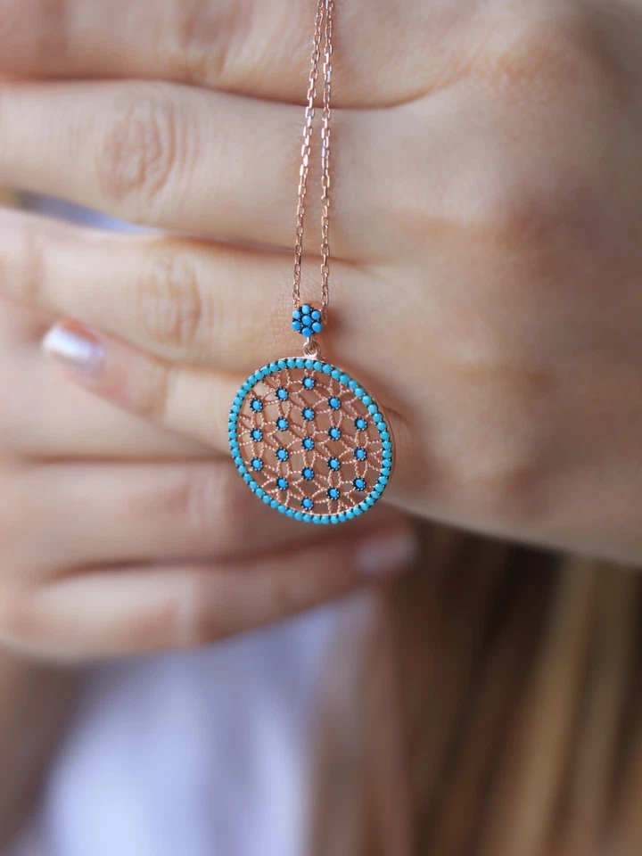 14K Gold Plated 925 Sterling Silver Turquoise Stone Flower of Life Necklace - Image 2 of 4