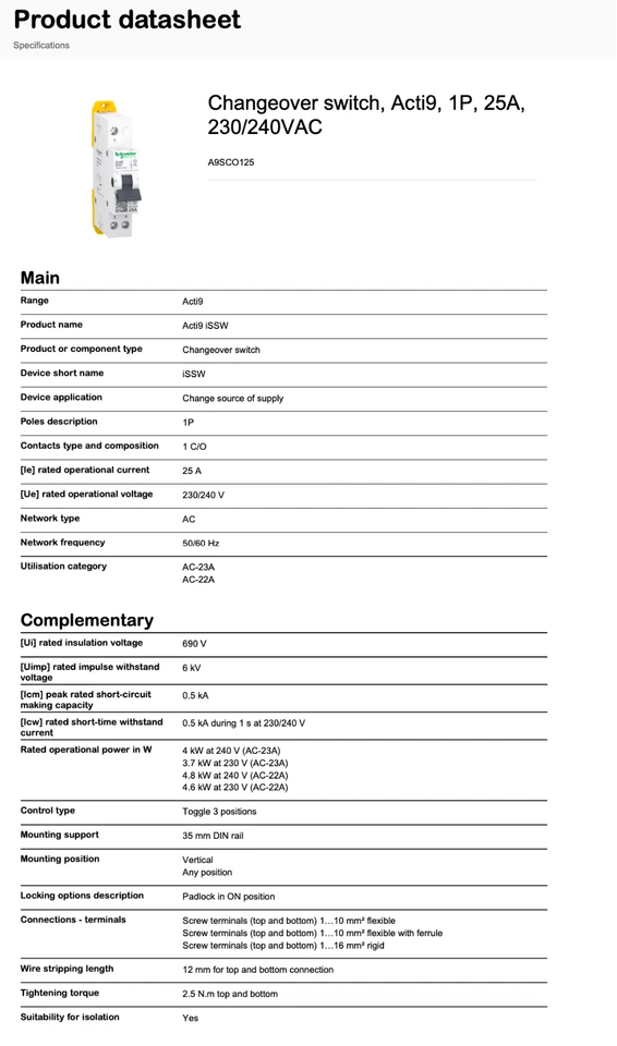 Schneider Electric - Changeover switch, Acti9, 1P, 25A, 230/240VAC / A9SCO125 - image 2 of 3