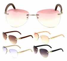 RIMLESS PILOT AVIATOR SUNGLASSES METAL FAUX WOOD FRAME RETRO DESIGNER FASHION