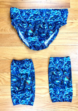 Men&rsquo;s Pro Wrestling Trunks Ocean Blue + Knee Pad Covers Sz L 38&ndash;40 Spandex