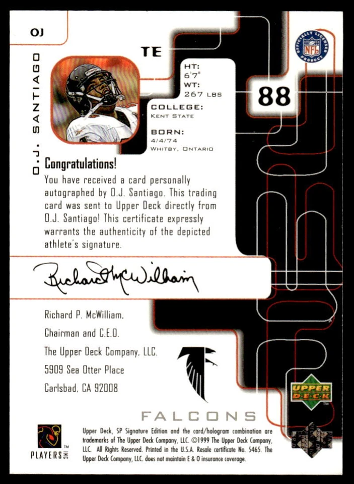 1999 SP Signature #OJ O.J. Santiago FOOTBALL Atlanta Falcons - Image 2 of 2