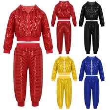 Boy's Girl's Jazz Dance Costume Sequins Hip Hop Jacket Pants Streetwear Party
