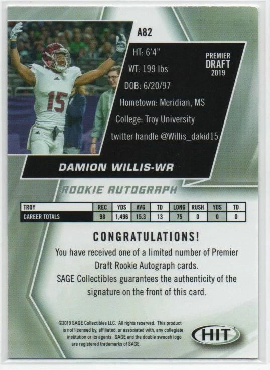 2019 Sage Hit Premier Draft Damion Willis #A82 Rookie Auto - Image 2 of 4