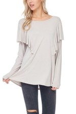 Women's LARGE NWT Silver Long Sleeve Ruffle Detail Top. Made In The USA
