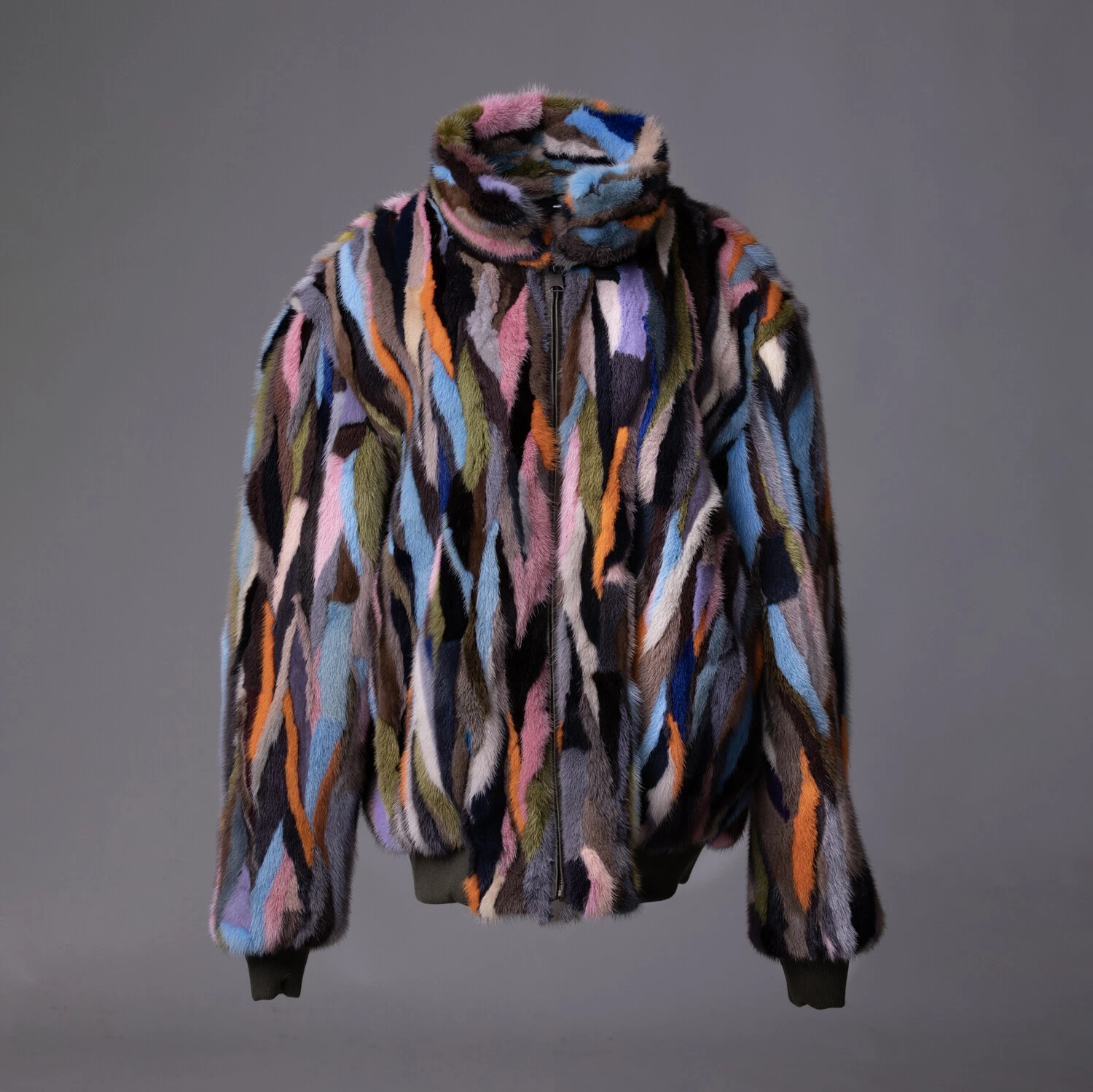 Men's Multicolor Mink Fur Bomber Jacket Elasticised Waist And Cuffs Size XL