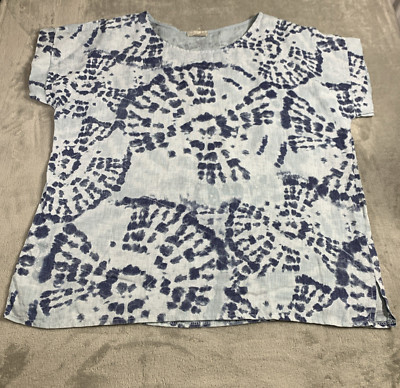 Bellambra 100% Linen Top Women s M Blue Tie Dye Short Sleeve Italy Artsy Boho