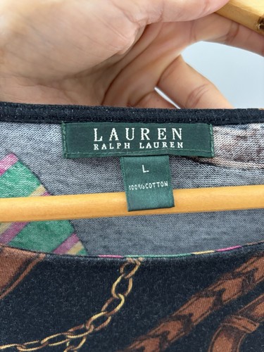 Vintage Lauren Ralph Lauren Gold Chain Print Shirt Womens Boatneck 90s Sz L - Picture 3 of 12