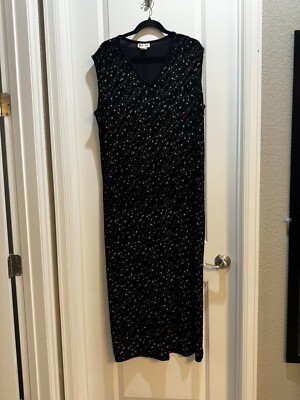 ESSE Black Floral Maxi Dress Sz 3X Cap Sleeves Side Slit Vneck Length 54 