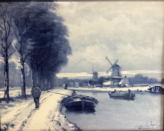 8x10” c1900 Porceleyne Fles Royal Delft Louis Apol Artist Signed Windmill Plaque