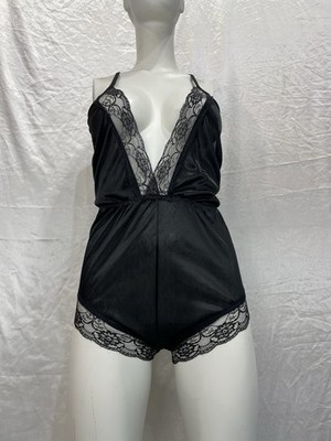 Vintage Romper Suit Black  Satin Teddy Bodysuit 28  Waist Sissy Mistress TV CD