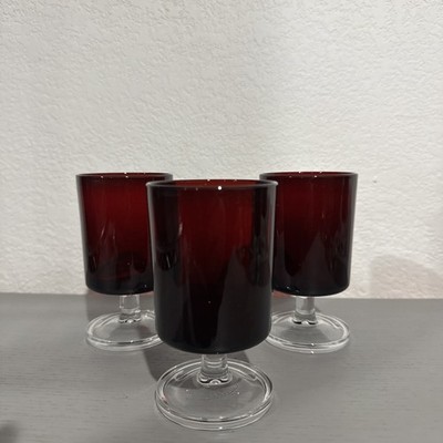 3  Vintage Ruby Red Luminarc Arcoroc Footed Wine Glasses France  4 in. Tall