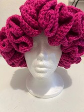 Crochet ruffle hat for women handmade pink