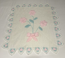Hand Crocheted Baby Floral Blanket, White Pink Blue, Pearl Button Bow