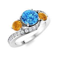 Swiss Blue Topaz  Citirne 5MM Round 925 Sterling Silver Three Stone Women Ring