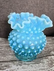 Vintage Fenton Hobnail Opalescent Blue Ruffled Vase READ