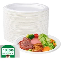 500 Pack 10" Compostable Plates Heavy Duty Sugarcane Bagasse Disposable Eco Frie