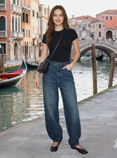 ZARA ZW COLLECTION MID-RISE BARREL CURVED LEG BLUE JEANS sz 10