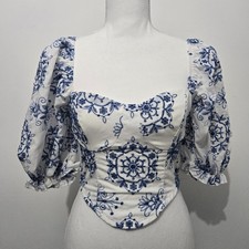 Shein Floral Embroidered Puff Sleeve Sweetheart Neck Corset Crop Top Sz XS Smock
