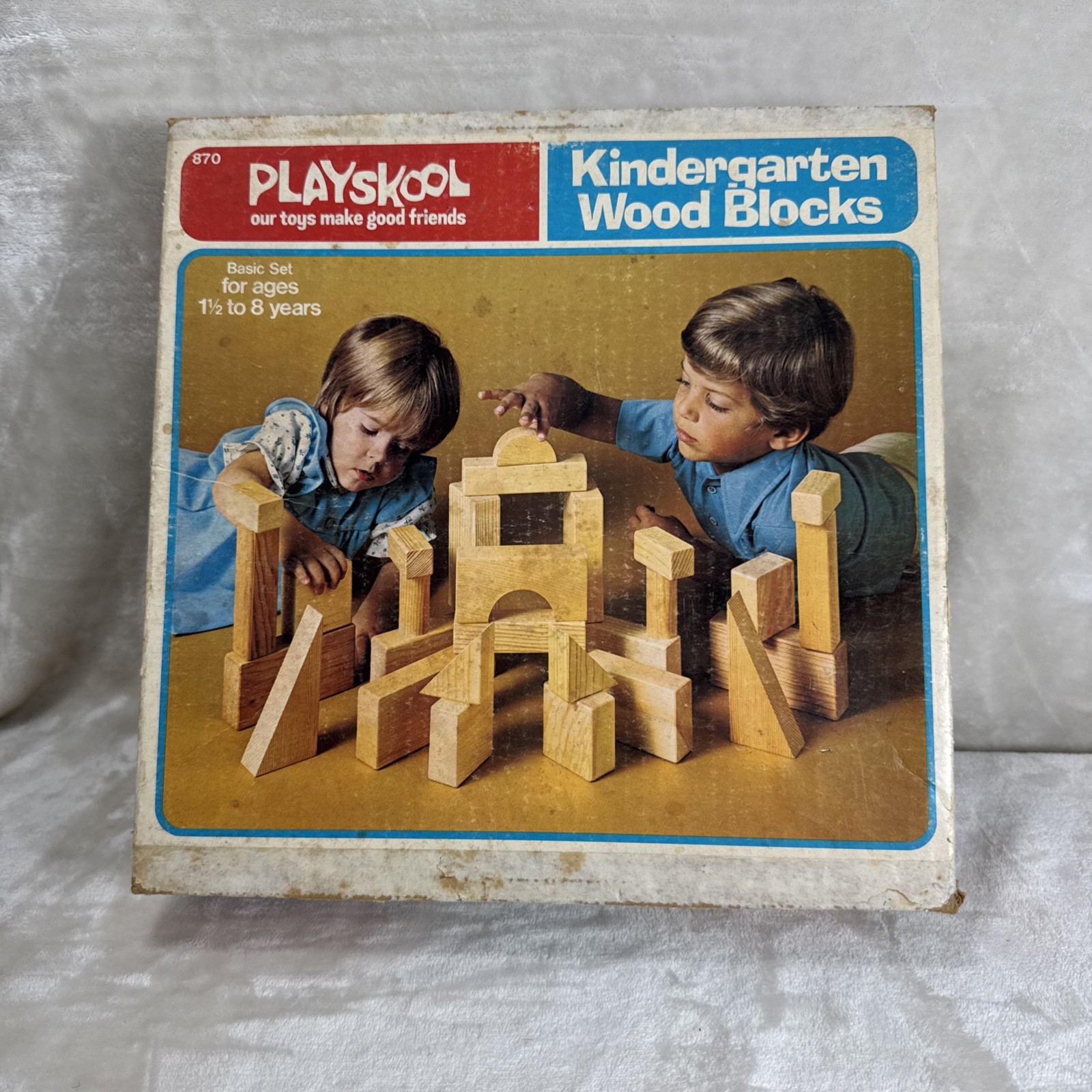 Vintage Playskool Kindergarten Wood Blocks  No. 870 Original Box Complete 1976