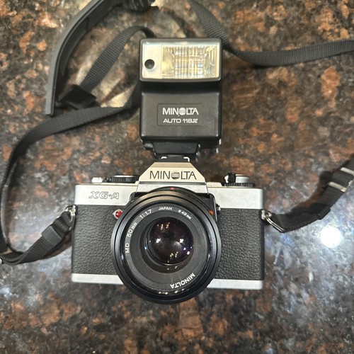 Minolta XG-A 35mm SLR Film Camera W/ Minolta 50mm 1:1.7 Lens With Minolta Flash
