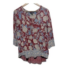 Lucky Brand Tunic Womens 1X Red Blue Bohemian 3/4 Sleeve V Neck Lightweight Top
