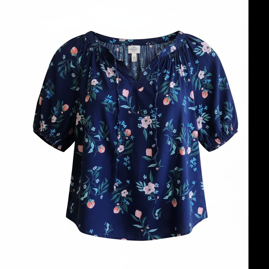 St. John Women's Blouse Size XL Blue Floral Puffy Sleeve Boho Hippie Y2K