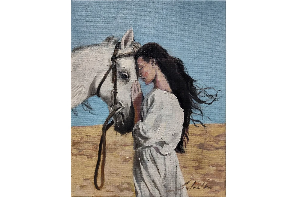 Pintura al óleo original 8"10" arte contemporáneo, realismo, figurativo, mujer, caballo Foto 2 de 4