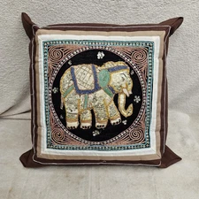 Elephant Sequin Embroidered Decorative Throw Pillow Brown Asian 13X13 Boho