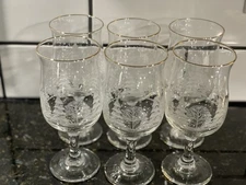 Vtg. Set of 6 Arby's Libby Frosted Winter Snow Scene Gold Rim Water/Wine Glasses